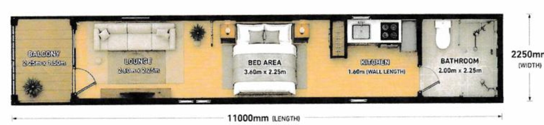 Indicative supplier floor plan with balcony, lounge, bed area, kitchenette and bathroom